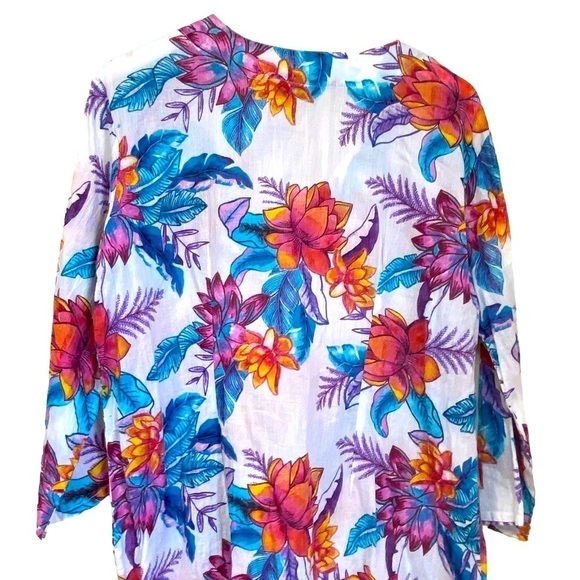 KIKISOL Tunic Top Medium Beach Coverup Cotton White Tropical Floral - Picture 6 of 9
